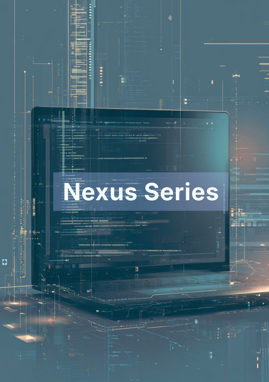 Computer monitor with 'Nexus Series' text on a digital background