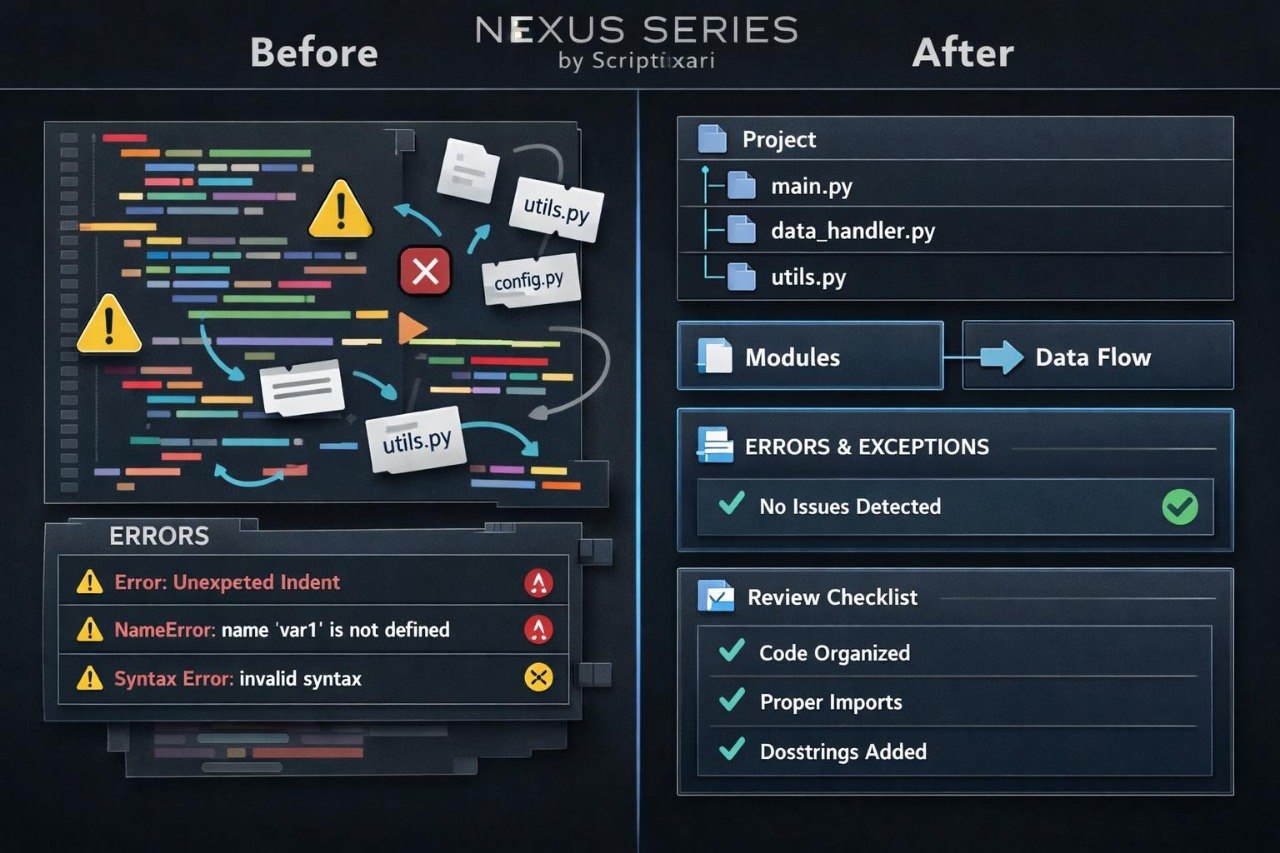 Comparison of a messy code interface with a clean, organized version labeled 'Nexus Series' by Scriptixari.