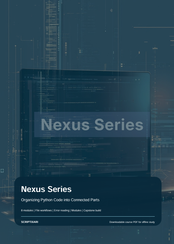 A dark blue digital cover for a 'Nexus Series' study guide or course, featuring a laptop graphic with code on screen and text reading 'Nexus Series' and 'Organizing Python Code into Connected Parts' by ScriptXAM.