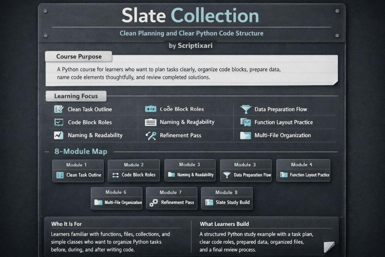 Slate Collection Python course outline with modules and learning focus on a dark background