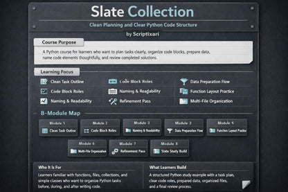 Slate Collection Python course outline with modules and learning focus on a dark background