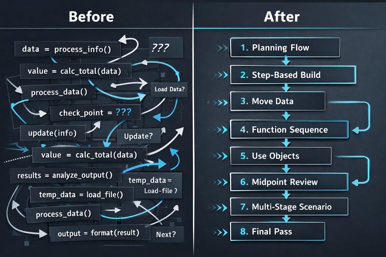 Comparison of complex process flow diagram labeled 'Before' on the left and 'After' on the right with numbered steps.