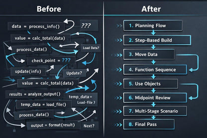 Comparison of complex process flow diagram labeled 'Before' on the left and 'After' on the right with numbered steps.