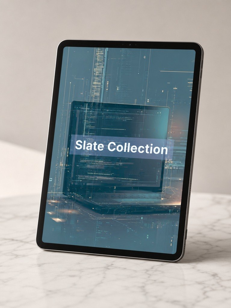 Tablet displaying 'Slate Collection' on a marble surface with a light gray background