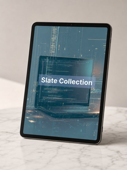Tablet displaying 'Slate Collection' on a marble surface with a light gray background