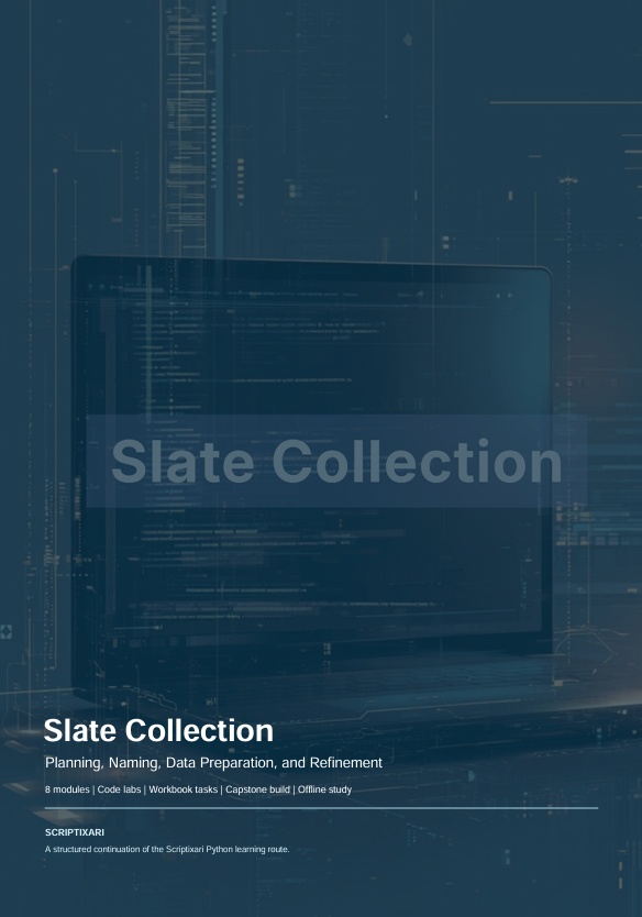 A dark blue book or booklet cover with a laptop graphic and the text 'Slate Collection' across the center, plus smaller text reading 'Planning, Naming, Data Preparation, and Refinement' and '8 modules | Code labs | Workbook tests | Capstone build | Career study.'.