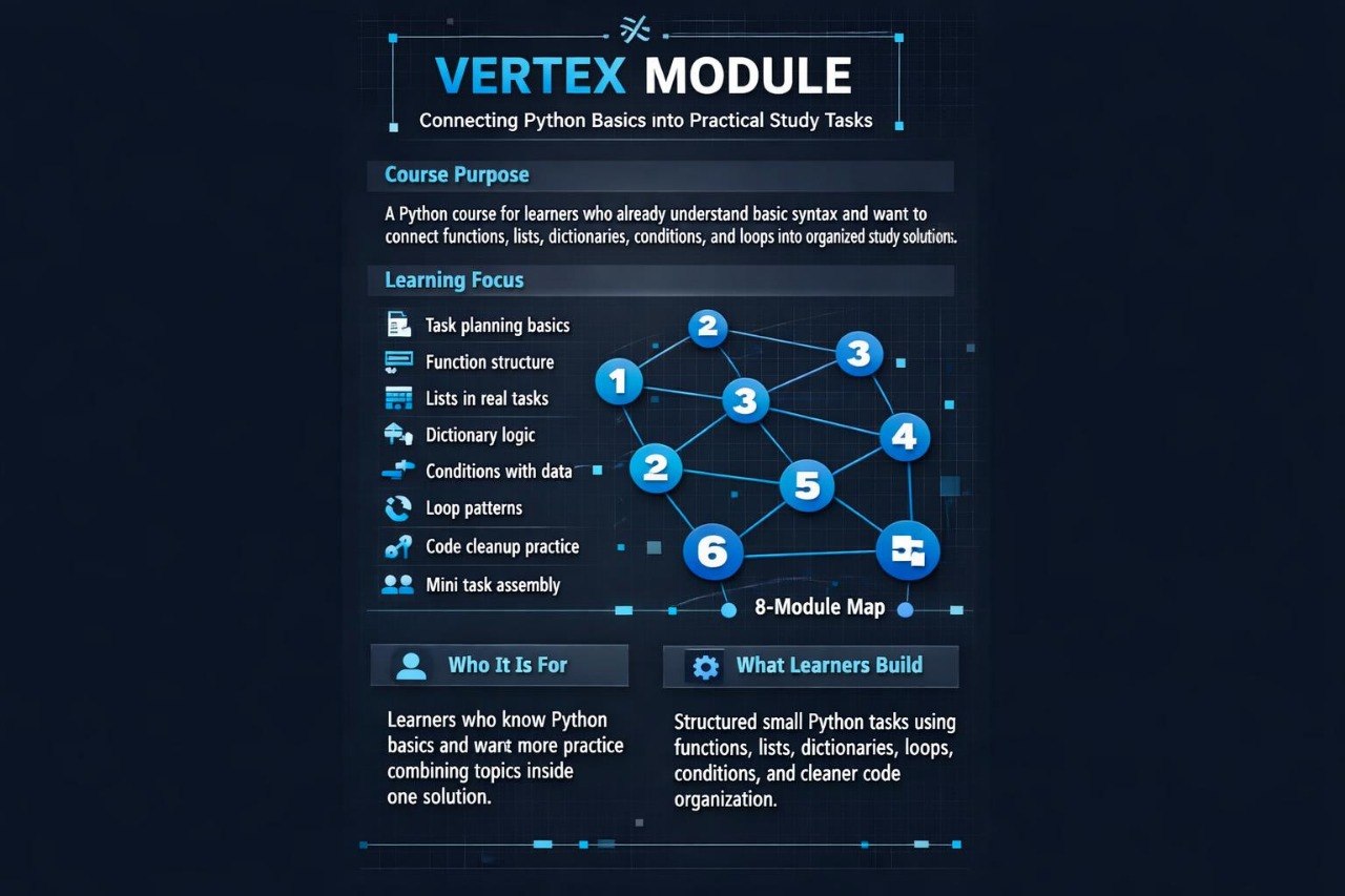 Vertex Module course description with Python basics and practical tasks on a dark background