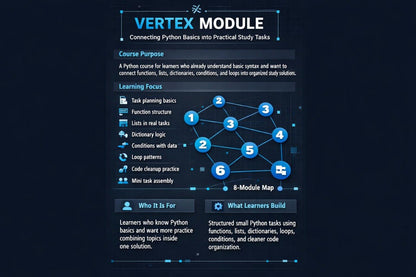 Vertex Module course description with Python basics and practical tasks on a dark background