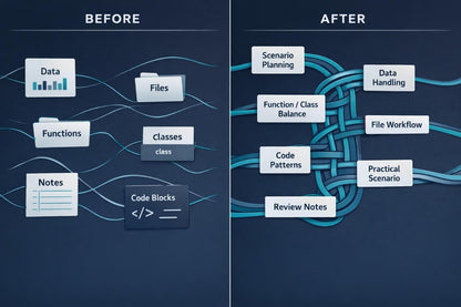Comparison of software development terminology before and after restructuring on a dark blue background.