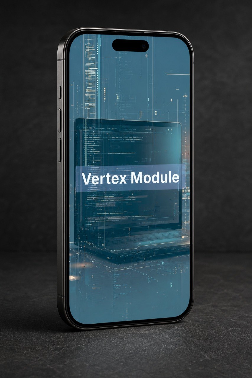 Phone displaying 'Vertex Module' on a dark background
