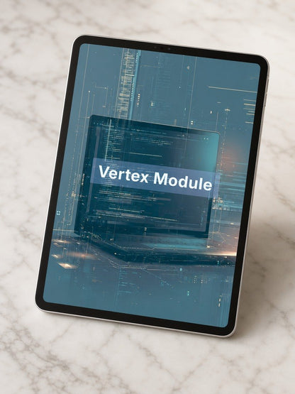 Tablet displaying a 'Vertex Module' on a marble surface