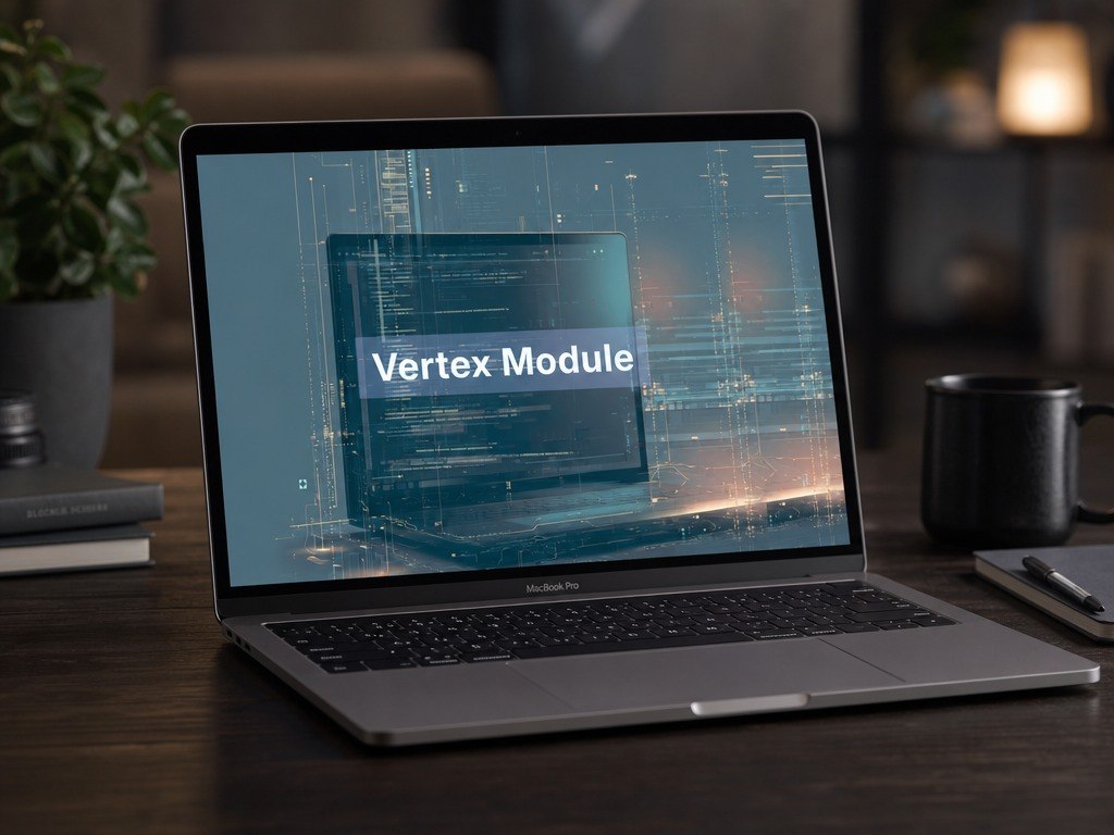 Laptop on a desk with 'Vertex Module' displayed on the screen