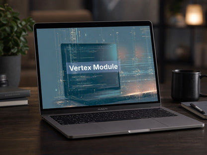 Laptop on a desk with 'Vertex Module' displayed on the screen
