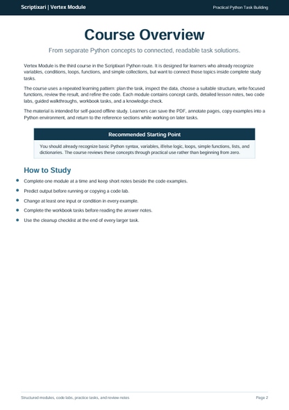 A digital screenshot of a document page titled 'Course Overview' from a Python training module, showing text and a blue highlighted section on a white page.